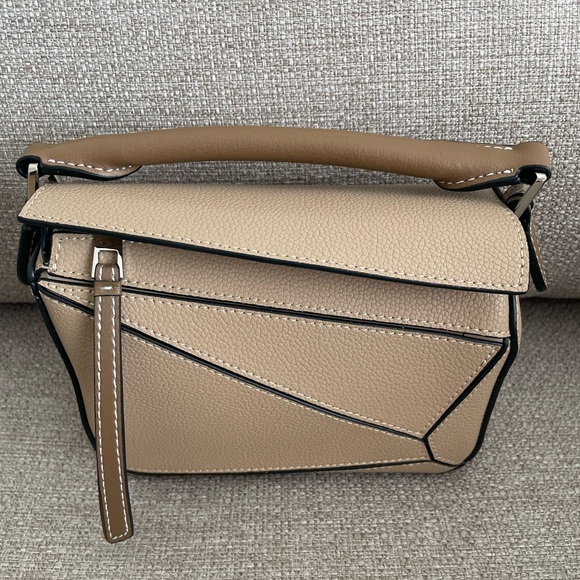 Mini Geo Panel Structured Bicolor Top Handle Bag - Taupe & Brown - Picture 8 of 13